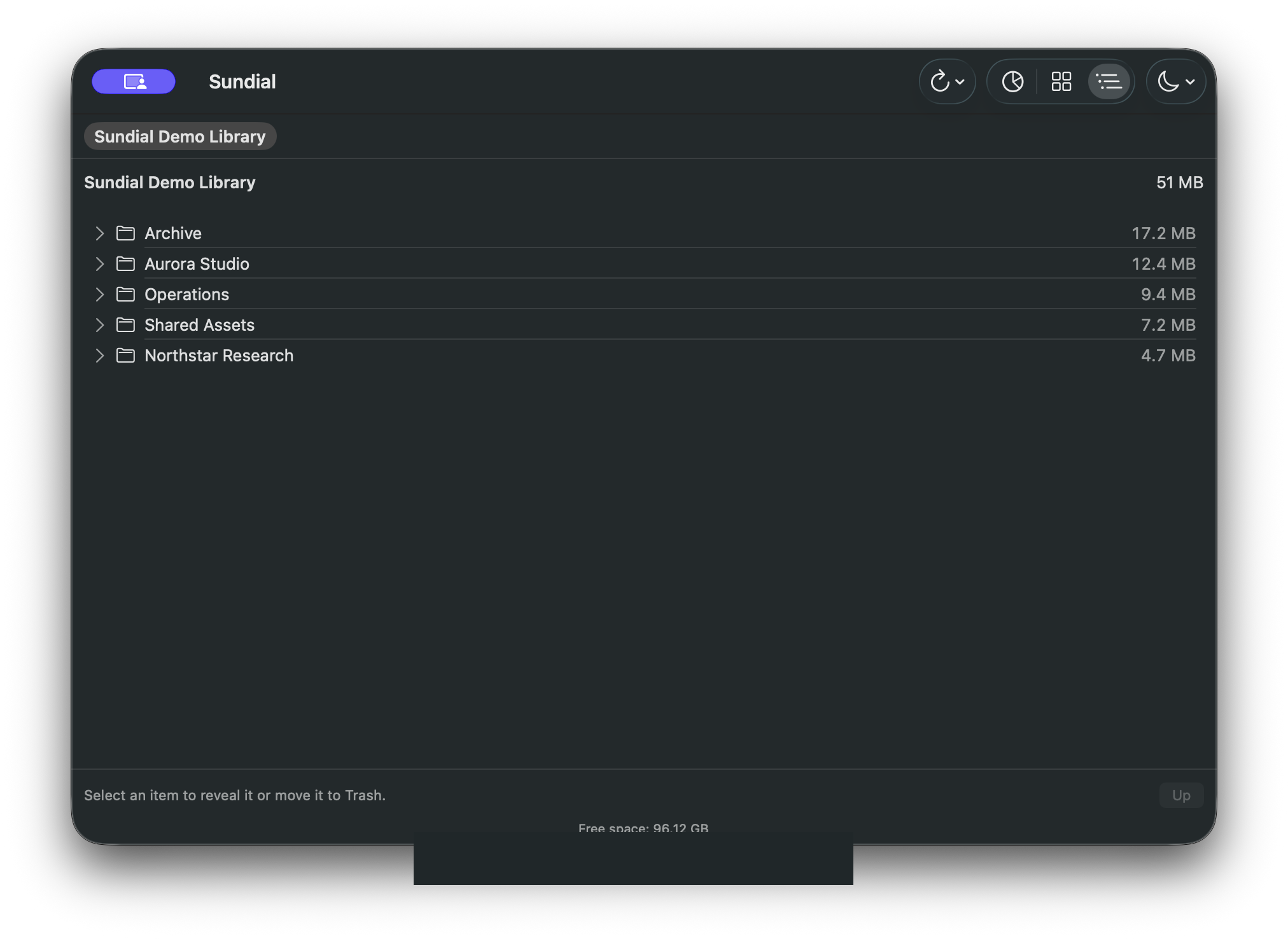 Sundial list view in a wider window with synthetic folder data