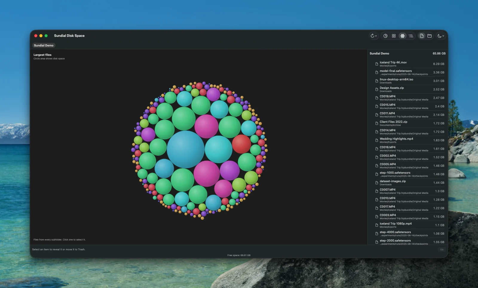 Sundial Bubbles view showing the largest files of a demo folder