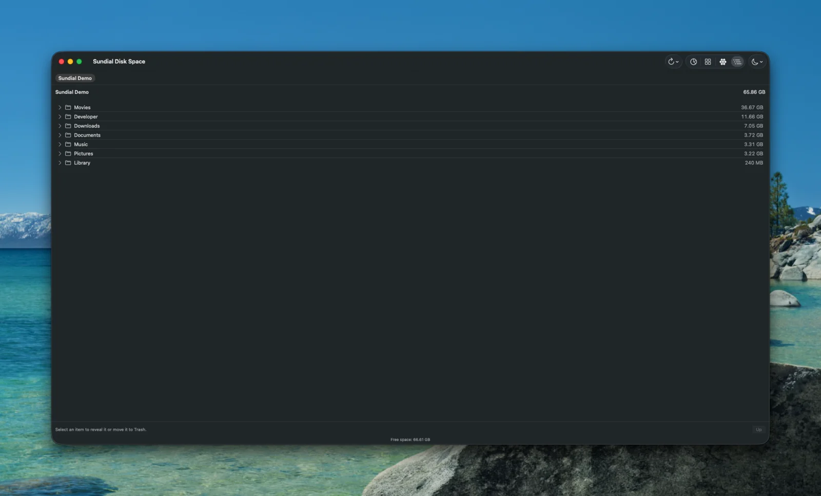Sundial list view showing the top folders of a demo folder and their sizes